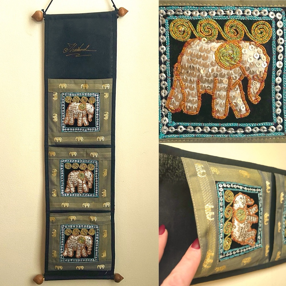 🇹🇭 Vintage Thai Silk Elephant Wall Hanging – Embroidered & Beaded Textile Art